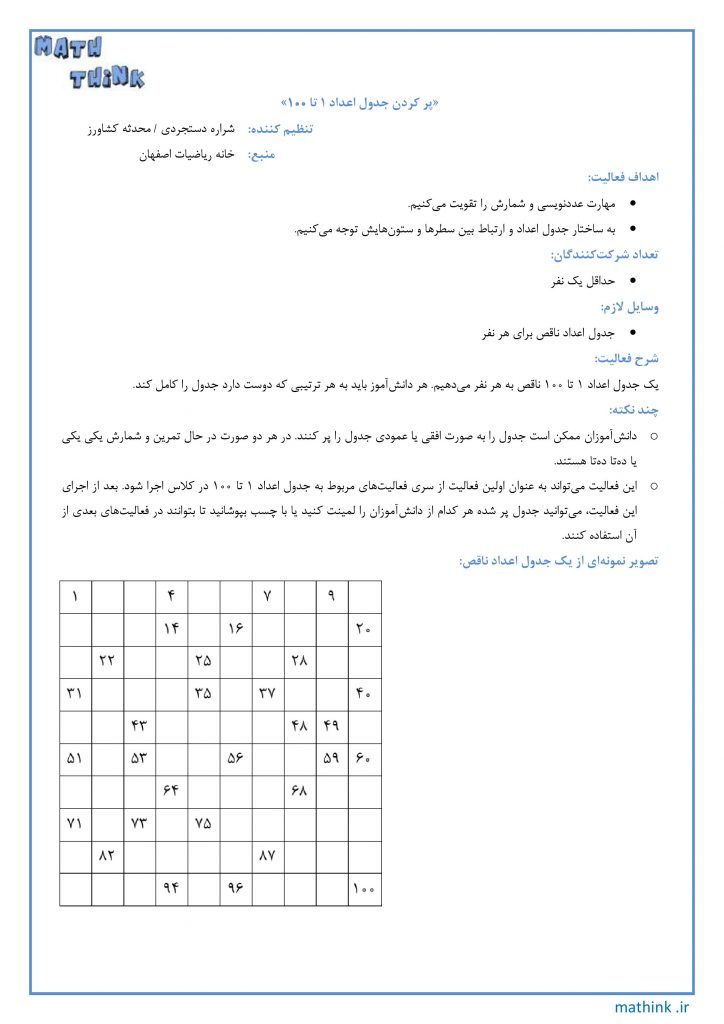 «پر کردن جدول اعداد ۱ تا ۱۰۰»